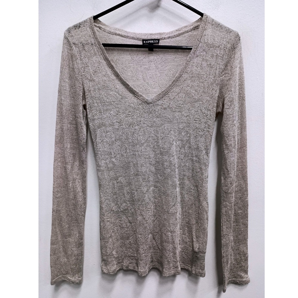 Express V-Neck Sweater Womens Small Silver Metallic Pointelle Knit Pullover Y2K